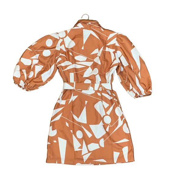 NWT Passion Fusion Tan Geometric Print Midi Shirt Dress w/ Puff Sleeves - Size 8 - Picture 5 of 7
